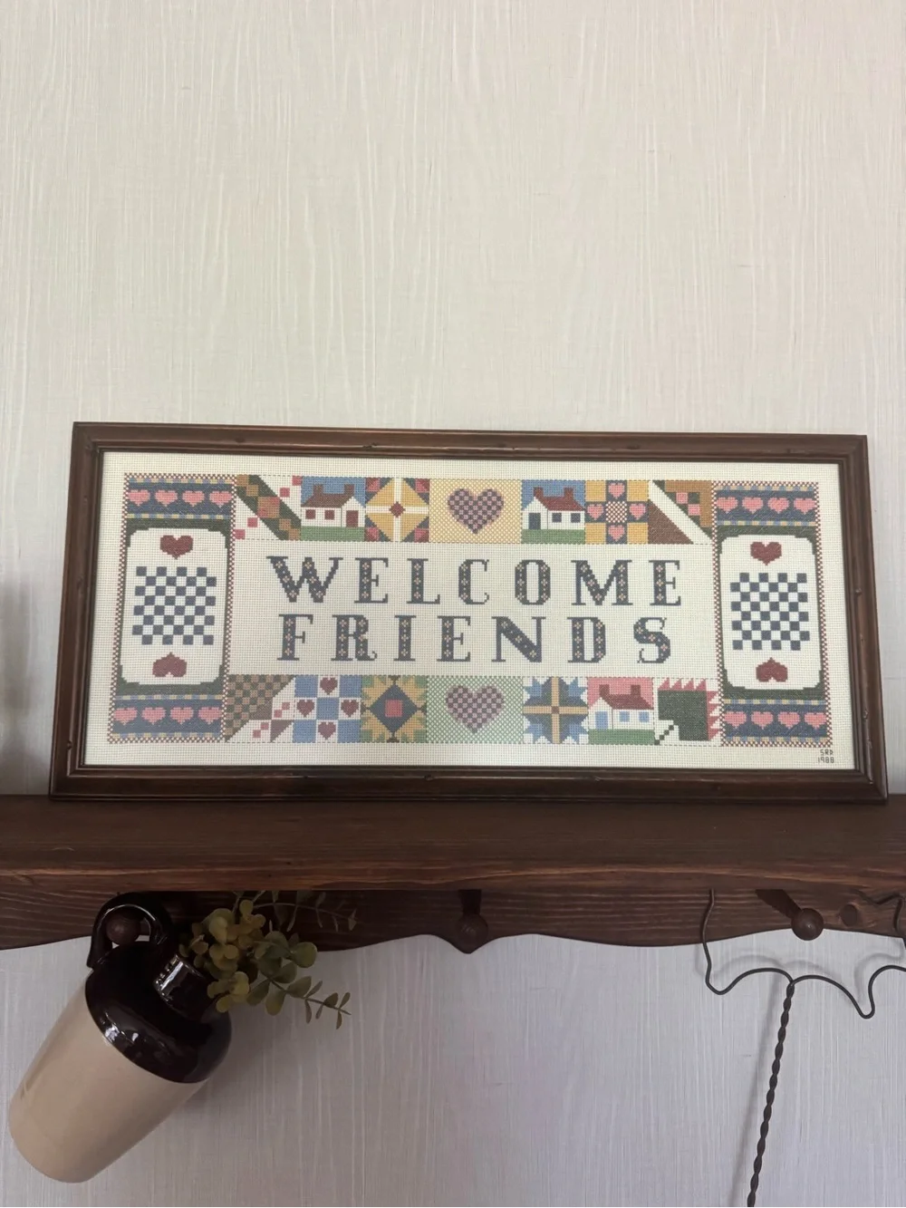Welcome Friends Framed Cross stitch Sampler Art - Cream, Blue, Pink Accent